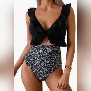 Eomenie One Piece Swimsuit for Women Tummy Control Ruffle Bathing Suit V Neck